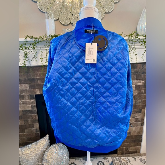 Roku Studio Rhinestones Tear Drop Varsity Jacket Coat Shiny Royal Blue Unisex - Picture 6 of 9